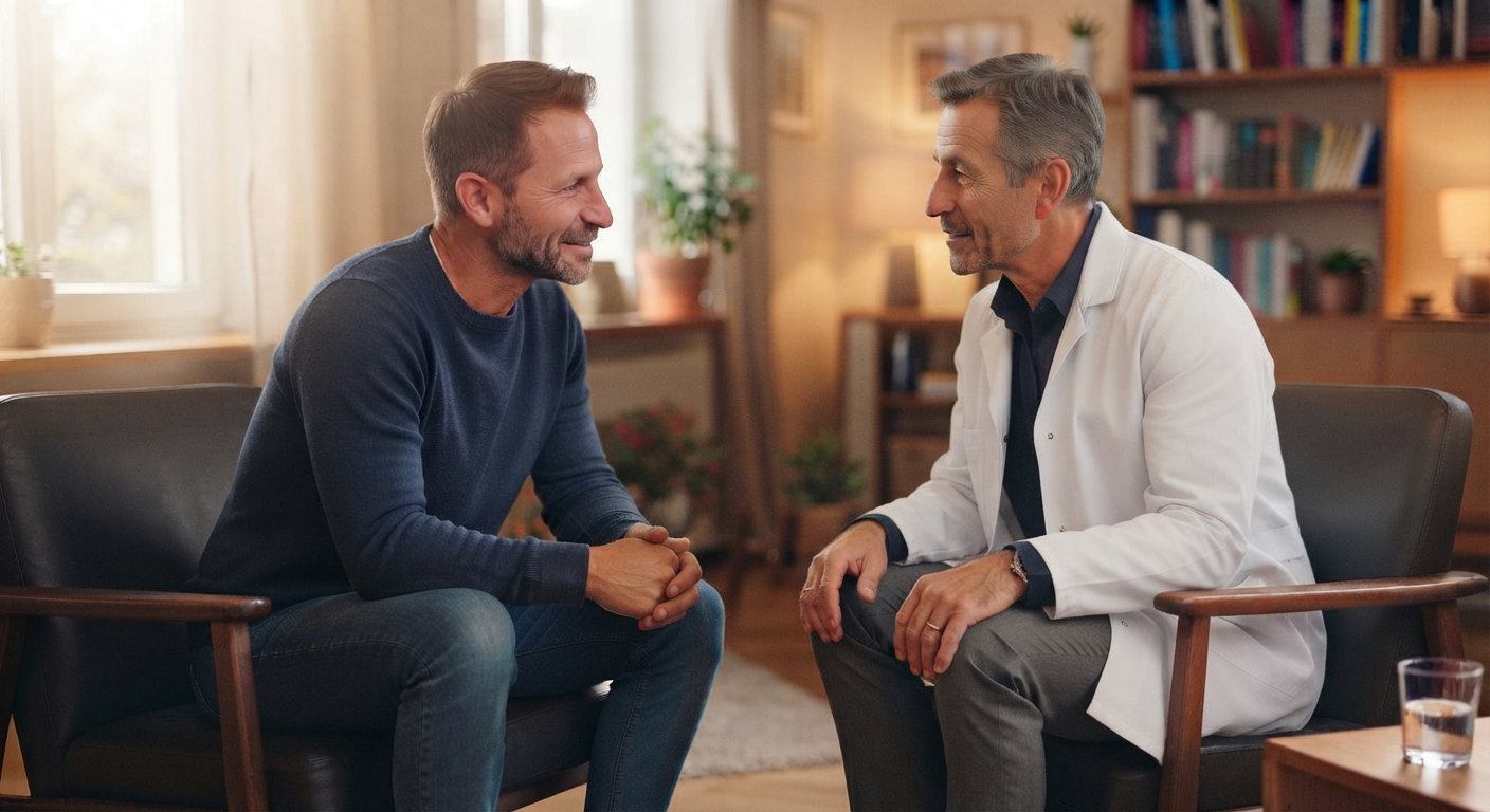 Врач  консультирует пациента перед началом лечения алкоголизма